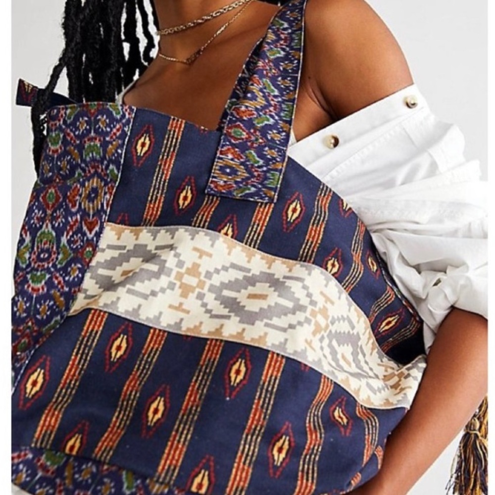 Free People Basel Tassel Indigo Patchwork Tote In Southwestern Patchwork NWOT